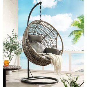 Up to date Egg-Formed Out of doors Backyard Wicker Rattan Hanging Patio Swing Chair with Stand for Indoor Use