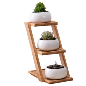 Modern Minimalist White Ceramic Flower Pots for Succulents – Set of three Bonsai Planters with 3-Tier Bamboo Shelf for Dwelling and Backyard Ornament