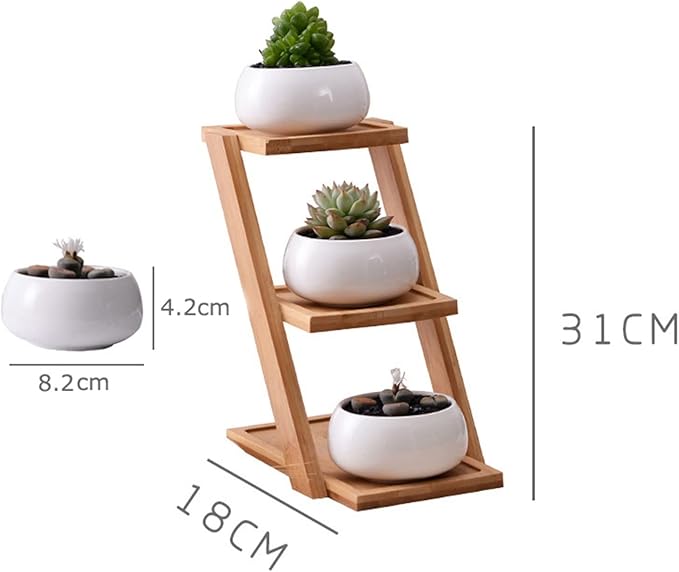 Modern Minimalist White Ceramic Flower Pots for Succulents - Set of three Bonsai Planters with 3-Tier Bamboo Shelf for Dwelling and Backyard Ornament