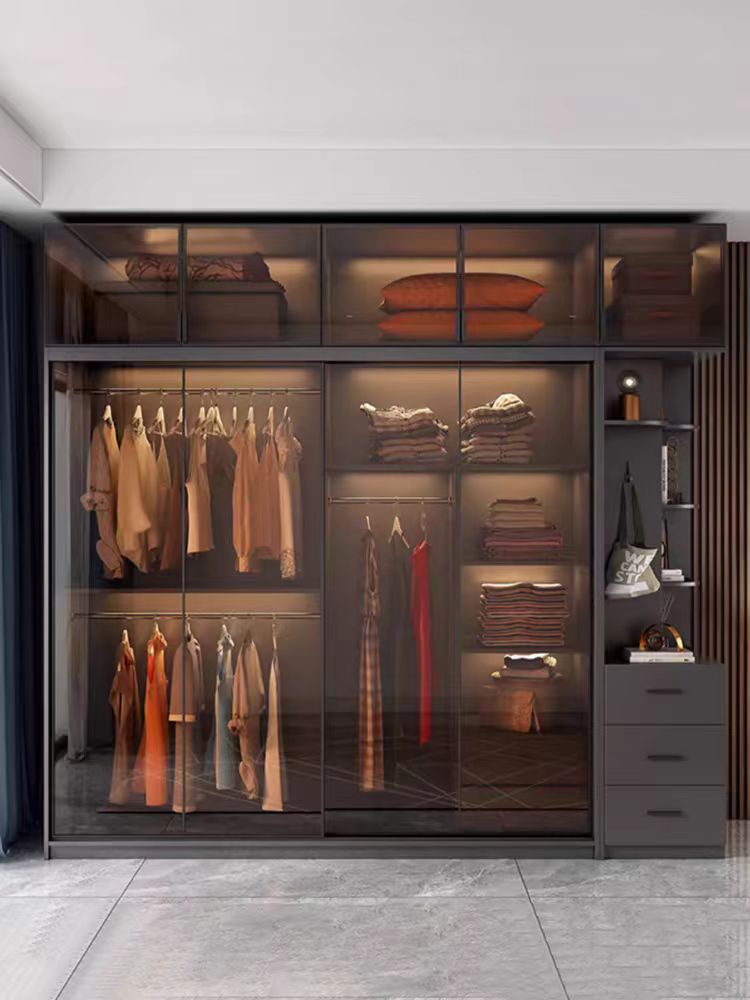 Premium Trendy Excessive-Finish Bed room Closet Furnishings That includes LED Lighting and Glass Doorways