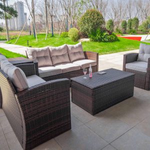 Fashionable PE Rattan Outside Wicker Patio Couch and Desk Set